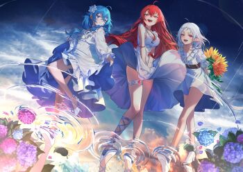 3girls blue_eyes blue_flower blue_hair blue_sky blush breasts closed_mouth cloud cloudy_sky dress dress_tug elf eris_greyrat eyebrows_hidden_by_hair flower hair_between_eyes hair_flower hair_ornament high_heels highres large_breasts leaf lily_(flower) long_hair looking_at_viewer multiple_girls mushoku_tensei open_mouth pink_flower pointy_ears purple_flower rain reflection reflective_liquid roxy_migurdia short_eyebrows short_hair skirt_hold sky smile standing sunflower sunset swept_bangs sylphiette_(mushoku_tensei) teeth thigh_strap thighs tongue upper_teeth_only very_long_hair white_dress white_flower white_hair wind wind_lift xiu_kukkii yellow_flower