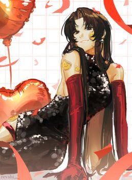 Rule 34 | 1girl, artist name, balloon, black dress, black eyes, black hair, borrowed design, commentary, confetti, dress, elbow gloves, english commentary, genderswap, genderswap (mtf), gloves, grid background, gwechul, halter dress, halterneck, heart balloon, highres, kim soleum, long hair, red gloves, red pupils, revshi, sitting, smile, solo, sticker, sticker on face, very long hair
