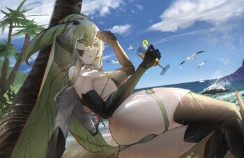 absurdres antennae arm_sleeves arthropod_girl ass beach bikini bird blue_sky breasts chitin cloud cup drink drinking_glass extra_arms fur_trim green_eyes green_hair highres indie_virtual_youtuber juniper_actias large_breasts long_hair looking_at_viewer lying mandibles extra_arms multicolored_hair ocean pale_skin rock seagull short_hair sky smile swimsuit thigh_strap thighhighs thighs two-tone_hair virtual_youtuber white_hair