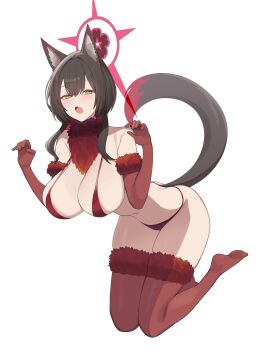 1girl absurdres alternate_costume alternate_hairstyle animal_ear_fluff animal_ears bare_shoulders bikini black_hair blue_archive blush breasts claw_pose elbow_gloves fang fox_ears fox_girl fox_tail fur_collar fur_trim gloves hair_between_eyes highres kneeling kurowanjjyang large_breasts leaning_forward long_hair navel red_bikini red_eyes red_gloves red_thighhighs sidelocks skin_fang solo stomach swimsuit tail thighhighs wakamo_(blue_archive)