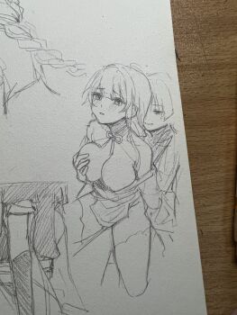 1boy 1girl arm_at_side armor art_tools_in_frame behind_another blunt_bangs blunt_ends blush braid breasts closed_mouth crotch furisode genshin_impact grabbing_another&#039;s_breast grabbing_from_behind graphite_(medium) groping half-closed_eyes hatching_(texture) highres huiyue1016 incest japanese_armor japanese_clothes kimono kimono_skirt kote large_breasts layered_sleeves linear_hatching lofter_username long_hair low-braided_long_hair low-tied_long_hair mole mole_under_eye mother_and_son off_shoulder open_mouth pelvic_curtain raiden_shogun sash scaramouche_(genshin_impact) shrug_(clothing) single_sidelock sketch smile spread_legs string thighhighs traditional_media