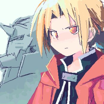 2boys alphonse_elric archived_source asami_natsuhito black_jacket black_shirt blonde_hair brown_eyes closed_mouth coat collared_jacket edward_elric fake_horns fullmetal_alchemist grey_horns hair_intakes helmet high_collar hood hood_down hooded_coat horned_helmet horns jacket jaggy_lines living_armor low_ponytail lowres male_focus multiple_boys ponytail profile red_coat red_hood shirt short_hair simple_background single_horn white_background
