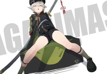 1boy :o armor bad_id bad_twitter_id belt black_hat black_shorts crossed_bangs green_eyes green_socks hair_between_eyes hair_flaps hat hotarumaru japanese_armor legs legwear_garter long_sleeves male_focus ootachi open_mouth sheath sheathed shoes shorts shota shoulder_armor silver_hair sitting socks sode solo sword text_background touken_ranbu waterkuma weapon weapon_on_back white_background
