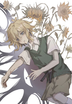 1boy antenna_hair basil_(faraway)_(omori) basil_(omori) blonde_hair blood blood_on_clothes blood_on_face blue_eyes brown_shorts collared_shirt death flower gardening_shears green_sweater_vest highres judicious32456 lying male_focus omori on_side parted_lips shirt short_hair short_sleeves shorts socks solo something_(omori) spoilers stab suicide sunflower sweater_vest white_shirt white_socks