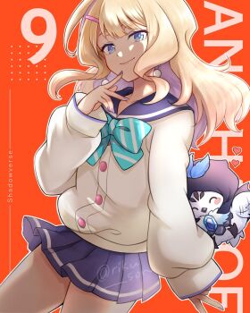 1girl bare_legs bird blonde_hair blue_eyes buttons crystal english_text fingernails highres penguin purple_hair ribbon riku_son school_uniform shaded_face shadowverse shadowverse_(anime) shadowverse_flame skirt smile takanashi_tsubasa_(shadowverse_flame)