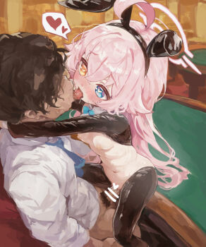 1boy 1girl ahoge animal_ears bar_censor black_thighhighs blue_archive blue_eyes blush breasts brown_hair censored clothes_pull erection fake_animal_ears french_kiss halo heart heart-shaped_pupils heart_censor heterochromia highres hoshino_(blue_archive) kiss loli long_hair navel necktie nipples orange_eyes pants pants_pull penis pink_hair pubic_hair rabbit_ears reverse_bunnysuit reverse_outfit saliva sex shirt short_hair small_breasts spoken_heart stomach symbol-shaped_pupils thighhighs thighs tongue tongue_out utsubo_(xjnh7234) vaginal