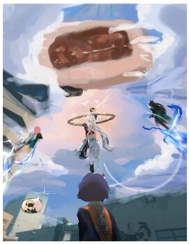 5girls absurdres animal_ears arm_up belle_(zenless_zone_zero) black_hair blonde_hair blue_sky chakram cloud dialyn_(zenless_zone_zero) eye_mask food fox_ears fox_girl highres holding holding_food hoshimi_miyabi jumping k_(ke04609) mask multicolored_hair multiple_girls oversized_food oversized_object pink_hair purple_hair sky split-color_hair steamed_bun trigger_(zenless_zone_zero) tsukishiro_yanagi weapon zenless_zone_zero