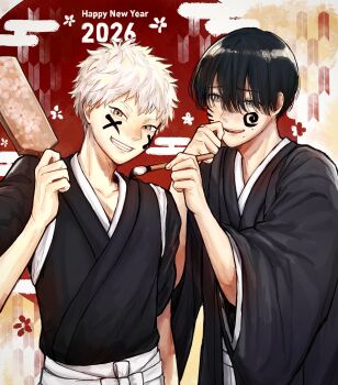 2026 2boys absurdres alternate_costume black_hair body_writing commentary_request egasumi grey_eyes grin happy happy_new_year highres hikaru_ga_shinda_natsu indou_hikaru japanese_clothes komedaaa_cof8 looking_at_viewer male_focus mole mole_on_cheek mole_under_eye mole_under_mouth multiple_boys multiple_moles new_year paddle short_eyebrows short_hair slit_pupils smile teeth tsujinaka_yoshiki upper_body white_hair yagasuri