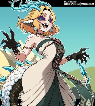 1girl bare_shoulders blonde_hair blue_sclera blush braid breasts choker claws colored_sclera crown_braid dragon_girl dragon_horns dragon_tail dress fangs green_eyes highres horns hyrule_warriors:_age_of_imprisonment jewelry light_dragon_(zelda) looking_at_viewer medium_breasts nintendo off-shoulder_dress off_shoulder open_mouth princess_zelda purple_sclera scales scrimblocrimbo secret_stone sharp_teeth short_hair sidelocks solo strapless strapless_dress tail teeth the_legend_of_zelda the_legend_of_zelda:_tears_of_the_kingdom white_dress