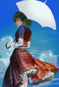 1girl absurdres aihara-rina artist_name bird blue_sky blurry blurry_background blurry_foreground breasts chinese_commentary chromatic_aberration closed_mouth cloud collared_shirt commentary_request cowboy_shot cumulonimbus_cloud dated day expressionless from_behind green_hair hair_between_eyes highres holding holding_umbrella kazami_yuuka long_skirt long_sleeves looking_at_viewer looking_back looking_to_the_side parasol petticoat plaid_clothes plaid_skirt plaid_vest red_eyes red_skirt red_vest shirt short_hair signature skirt skirt_set sky small_breasts solo standing thighs touhou umbrella vest wavy_hair white_shirt wind