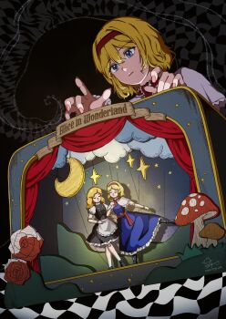 1girl absurdres alice_margatroid apron ascot black_background black_skirt black_vest blonde_hair blue_dress blue_eyes capelet commentary_request dress hairband highres hoshiringo0902 kirisame_marisa marionette parted_lips puffy_short_sleeves puffy_sleeves puppet puppet_strings puppeteering red_ascot red_hairband short_hair short_sleeves signature skirt solo touhou vest waist_apron white_apron white_capelet