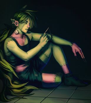 Rule 34 | 1other, androgynous, barbell piercing, claws, colored skin, commentary, crop top, drawfee, ear piercing, earrings, english commentary, green hair, green skin, highres, industrial piercing, jewelry, lobtw o, long hair, nose, painterly, patchwork skin, piercing, pink skin, pointy ears, ponytail, realistic, sewing, shorts, sitting, socks, spiked hair, stein (drawfee), stitched arm, stitched face, stitched leg, stitches, very long hair