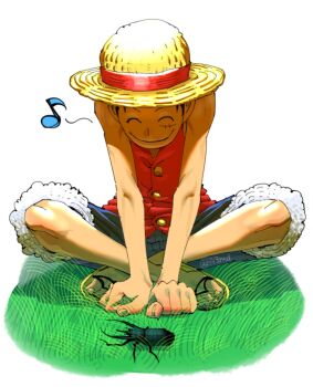 1boy ^_^ beetle blue_shorts bug closed_eyes full_body h43md hat highres indian_style insect monkey_d._luffy musical_note one_piece red_shirt sandals scar scar_on_face shirt shorts sitting sleeveless sleeveless_shirt smile straw_hat twitter_username