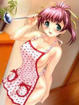 1girl apron artist_request character_request female_focus hair_ornament hairclip ladle naked_apron pink_hair plant source_request switch tagme