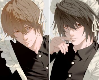 2boys alternate_costume apron arm_up black_hair black_shirt brown_eyes buttons closed_mouth collared_shirt commentary crossdressing crossdressing_(mtf) death_note enmaided finger_to_mouth frilled_apron frills hair_between_eyes l_(death_note) maid maid_apron maid_headdress male_focus male_maid multiple_boys ruttika_shin shirt short_hair smile symbol-only_commentary upper_body wing_collar yagami_light