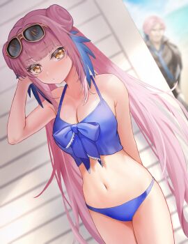 Rule 34 | 1boy, 1girl, arknights, bare arms, bare shoulders, bikini, blue bikini, blue sky, breasts, brown eyes, camisole, ceylon (arknights), ceylon (holiday) (arknights), cleavage, commentary request, cowboy shot, dutch angle, eyewear on head, father and daughter, herman doykos (arknights), highres, landl, long hair, looking at viewer, medium breasts, navel, official alternate costume, pink hair, sky, standing, stomach, sunglasses, swimsuit, thighs, twintails, very long hair