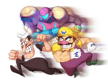 1girl 2boys arm_cannon armor artist_name big_nose black_hair brown_hair facial_hair gloves green_shoes hat metroid multiple_boys mustache nintendo overalls peppino_spaghetti pizza_tower pointy_ears power_armor power_suit_(metroid) purple_overalls samus_aran shirt shoes simple_background two-tone_armor wakaba_(wata_ridley) wario wario_land weapon white_background white_gloves white_hat yellow_hat yellow_shirt