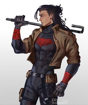 bat_signal batman_(series) batman_symbol black_bodysuit black_gloves black_hair bodysuit brown_jacket closed_mouth cosplay costume crowbar crybanana77 dc_comics ear_piercing getou_suguru gloves grey_bodysuit hair_bun hair_pulled_back highres holding holding_crowbar jacket jujutsu_kaisen long_hair long_sleeves male_focus multicolored_bodysuit muscular muscular_male open_clothes pants piercing plug_(piercing) red_hood_(dc) red_hood_(dc)_(cosplay) red_hood_and_the_outlaws simple_background single_hair_bun superhero_costume taut_bodysuit two-tone_bodysuit