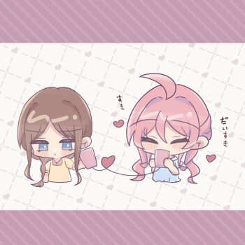 Rule 34 | 2girls, akiha (sa31523), bang dream!, bang dream! it's mygo!!!!!, blue eyes, blue shirt, brown hair, chibi, chibi only, chihaya anon, commentary, heart, highres, logo, multiple girls, nagasaki soyo, pink hair, shirt, string phone, translated, twintails, yellow shirt, yuri
