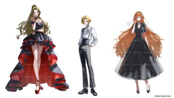 Rule 34 | 1boy, 2girls, absurdres, ascot, black dress, black shoes, blonde hair, bow, breast tattoo, breasts, brown hair, brown hairband, commentary request, copyright notice, crown, dress, hair bow, hairband, hand on own cheek, hand on own face, hand up, high-low dress, high-waist pants, high ponytail, highres, ishmael (project moon), jewelry, large breasts, limbus company, long hair, long sleeves, multiple girls, necklace, nero hanken, off-shoulder dress, off shoulder, official art, orange hair, pants, parted bangs, ponytail, project moon, red shoes, rodion (project moon), rope, sample watermark, shirt, shoes, short sleeves, sinclair (project moon), tattoo, two-sided dress, two-sided fabric, very long hair, watermark, white ascot, white bow, white shirt, yellow eyes