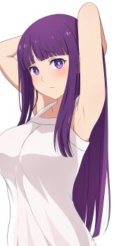1girl absurdres armpits arms_up blunt_bangs breasts closed_mouth commentary_request dress fern_(sousou_no_frieren) highres large_breasts long_hair looking_at_viewer na-suke purple_eyes purple_hair simple_background solo sousou_no_frieren upper_body white_background white_dress