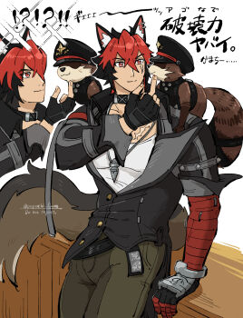 ! !! !? 1boy animal animal_ear_fluff animal_ear_piercing animal_ears animal_on_shoulder arm_support bandaged_arm bandages black_gloves black_hair black_jacket closed_mouth collar commentary_request crossed_bangs dog_boy dog_ears dog_tail fingerless_gloves gloves green_pants hair_between_eyes highres jacket kamanosuke_(zenless_zone_zero) komano_manato light_smile looking_at_animal male_focus multicolored_hair multiple_scars multiple_views muscular muscular_male pants pectorals popochi_fuwa red_bandage red_eyes red_hair scar scar_across_eye scar_on_chest scar_on_face shirt short_hair simple_background spiked_jacket tail translation_request white_background white_shirt zenless_zone_zero