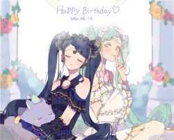 Rule 34 | 2girls, baku (creature), bare shoulders, black dress, blue hair, braid, braided bangs, closed eyes, closed mouth, column, creature, dated, detached sleeves, dress, falala a larm, finger to mouth, flower, frilled sleeves, frills, garara s leep, green hair, happy birthday, head chain, headphones, holding, holding creature, idol clothes, idol time pripara, leaning on person, long hair, looking at viewer, multiple girls, pakku (pripara), pillar, pink flower, pink rose, pretty series, pripara, res2shuu, rose, shushing, siblings, sisters, sitting, sleeping, sleeping on person, sleeping upright, smile, twins, twintails, very long hair, white dress, wide sleeves, yellow eyes, yellow flower, yellow rose