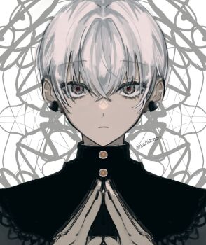 1boy black_jacket closed_mouth commentary crossed_bangs earrings expressionless gakuran grey_eyes hair_between_eyes heart heart_earrings jacket jewelry looking_at_viewer male_focus original portrait red_pupils sahi00000 school_uniform short_hair solo straight-on symbol-only_commentary triangle_hands white_hair