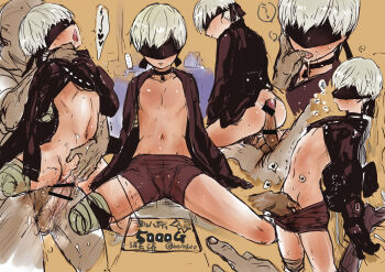 Rule 34 | ..., 2boys, 9s (nier:automata), amputee, ass, bar censor, bike shorts, blindfold, buttjob, cameltoe, censored, choker, coat, cuntboy, cuntboy with male, drooling, faceless, faceless male, finger in another's mouth, fingering, heart, male focus, multiple boys, navel, nier:automata, nier (series), open clothes, open coat, open mouth, penis, price, pussy, saliva, sex, short hair, shorts, spoken heart, tarakoutibiru, twitter username, vaginal, white hair