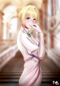 Rule 34 | 1girl, blonde hair, blue eyes, blurry, blurry background, blush, braid, breasts, cleavage, dress, gloves, hand on own face, highres, jewelry, kyoto animation, looking at viewer, necklace, pearl necklace, short hair, signature, smile, solo, upper body, violet evergarden, violet evergarden (series), white dress, white gloves, zendrawr