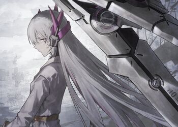 Rule 34 | 1girl, floating, floating object, floating weapon, grey background, hashtag-only commentary, headgear, highres, liv: eclipse (pgr), liv (pgr), long hair, looking at viewer, looking to the side, multicolored hair, pink eyes, pink streaks, punishing: gray raven, railgun, solo, takamatu hajime, two-tone hair, very long hair, weapon, white background