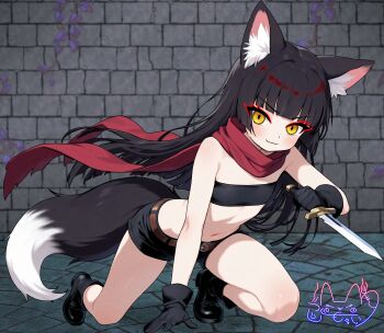 >:) 1boy absurdres animal_ears arm_support bandeau belt black_bandeau black_boots black_gloves black_hair black_shorts boots commentary_request dagger fox_boy fox_ears fox_tail full_body gloves hand_on_ground highres indie_virtual_youtuber itsuki_tsukumo_(artist) itsuki_tsukumo_(vtuber) knife long_hair looking_at_viewer navel on_one_knee pavement red_scarf reverse_grip scarf sett short_shorts shorts smile stomach tail trap v-shaped_eyebrows virtual_youtuber weapon yellow_eyes