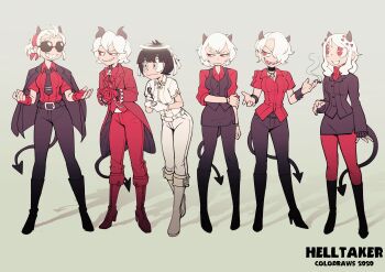 6+girls absurdres artist_name azazel_(helltaker) beelzebub_(helltaker) belt black_hair black_horns black_jacket black_pants black_skirt black_vest blouse boots cigarette collared_shirt colo_(nagrolaz) copyright_name dated demon_girl demon_horns demon_tail fingerless_gloves formal_clothes gloves grey_eyes hair_over_one_eye halo heart heart-shaped_pupils helltaker high_heel_boots high_heels highres horns jacket jewelry justice_(helltaker) knee_boots long_hair long_sleeves malina_(helltaker) modeus_(helltaker) multiple_girls necklace pants pantyhose parted_lips red_eyes red_gloves red_jacket red_pants red_shirt red_sweater shadow sharp_teeth shirt short_hair short_sleeves skirt sleeves_pushed_up smile smoke standing suit suit_jacket sunglasses sweater symbol-shaped_pupils tail teeth vest white_gloves white_hair white_pants white_shirt zdrada_(helltaker)