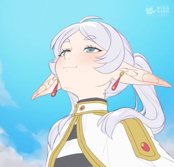 blue_sky capelet earrings elf frieren from_below green_eyes hair_over_shoulder highres jewelry kidakash light_smile long_pointy_ears looking_up meme parted_bangs pointy_ears shirt signature sky sousou_no_frieren striped_clothes striped_shirt teardrop_earrings twintails upward_angle_frieren_drawing_(meme) white_capelet white_hair