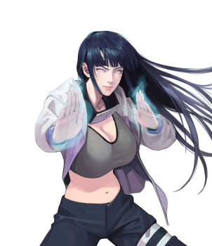 1girl absurdres bandana bandana_around_neck black_hair black_pants breasts byakugan cleavage crop_top emnk5833 energy fighting_stance fishnet_top fishnets floating_hair highres hyuuga_hinata jacket konohagakure_symbol large_breasts lips long_hair looking_at_viewer midriff naruto:_road_to_ninja naruto_(classic) naruto_(series) naruto_shippuuden navel open_clothes open_hands open_jacket pants parted_lips simple_background solo stomach v-shaped_eyebrows veins white_background white_eyes white_jacket