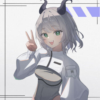 Rule 34 | 1girl, black horns, breasts, commentary, fangs, green eyes, grey hair, grey leotard, hand up, highres, horns, leotard, long sleeves, looking at viewer, medium breasts, open mouth, original, puffy long sleeves, puffy sleeves, short hair, shrug (clothing), smile, solo, upper body, v, white background, white shrug, zhimo0506