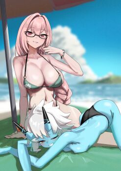 2girls absurdres alternate_costume beach bikini bikini_bottom_only black_bikini blue_horns blue_oni blue_skin blue_sky blurry blurry_background blush breasts cloud colored_skin commentary_request dondobi green_bikini grey_hair hair_between_horns hand_up highres horns large_breasts long_hair looking_at_viewer metal_bracelet multiple_girls ocean oni pink_hair red_eyes semi-rimless_eyewear sitting sky soukaku_(zenless_zone_zero) swimsuit top-down_bottom-up topless_female tsukishiro_yanagi yokozuwari zenless_zone_zero