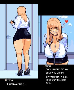1girl ass baldur_89 between_breasts black_necktie black_skirt breasts cleavage collared_shirt emma_(nikke) emma_(office_therapy)_(nikke) goddess_of_victory:_nikke hanging_breasts heart high_heels huge_breasts leaning_forward light_brown_hair long_hair multiple_views necktie one_eye_closed pencil_skirt pixel_art shirt skirt white_shirt yellow_eyes