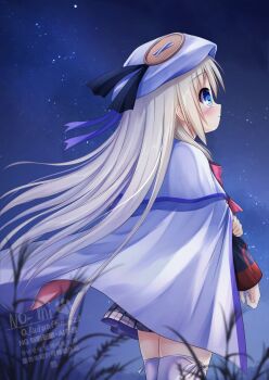 Rule 34 | 1girl, blonde hair, blue eyes, cloak, closed mouth, commentary request, from side, grey skirt, hat, highres, kud wafter, kudpoid (71139), little busters!, long hair, long sleeves, miniskirt, noumi kudryavka, plaid clothes, plaid skirt, pleated skirt, skirt, sky, star (sky), starry sky, thighhighs, watermark, white cloak, white hat, white thighhighs, zettai ryouiki