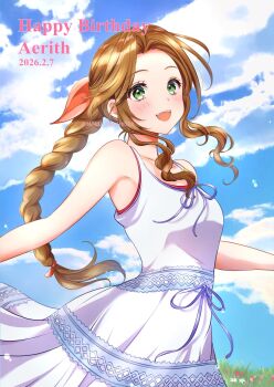 Rule 34 | 1girl, aerith gainsborough, bare arms, bare shoulders, blue sky, blush, bow, braid, braided ponytail, breasts, brown hair, character name, cloud, cloudy sky, commentary request, cowboy shot, crisis core: final fantasy vii, dated, dress, dress bow, dress flower, final fantasy, final fantasy vii, flower, green eyes, hair ribbon, happy birthday, highres, long hair, medium breasts, nalu, official alternate costume, open mouth, outdoors, parted bangs, pink ribbon, ribbon, sidelocks, single braid, sky, sleeveless, sleeveless dress, smile, solo, striped clothes, striped dress, sundress, twitter username, white dress