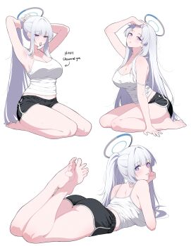 1girl absurdres alternate_costume alternate_hairstyle arched_back arm_up armpits arms_behind_head arms_up arrow_(symbol) ass bangs_pinned_back bare_legs bare_shoulders barefoot black_shorts blue_archive blush breasts camisole casual cleavage collarbone commentary covered_erect_nipples derivative_work dolphin_shorts english_text feet from_behind from_side full_body hair_intakes hair_slicked_back halo hand_in_own_hair highres large_breasts legs legs_up long_hair looking_at_viewer looking_back lying mechanical_halo midriff multiple_views noa_(blue_archive) on_stomach parted_lips ponytail purple_eyes purple_pupils reia_76 seiza short_shorts shorts simple_background sitting soles straight_hair strap_slip sweat the_pose thighs toenails toes tsurime tying_hair very_long_hair wariza white_background white_camisole white_hair white_halo