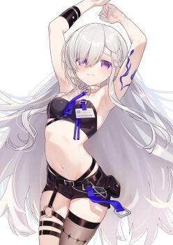 1girl 3: absurdres armpits arms_up bandeau bare_arms bare_shoulders belt black_bandeau black_shorts braid breasts brown_thighhighs choker closed_mouth commission cowboy_shot embarrassed highres hiraga_matsuri long_hair looking_at_viewer midriff navel original purple_eyes short_shorts shorts shoulder_tattoo single_thighhigh skeb_commission small_breasts solo stomach strapless sweatdrop tattoo thigh_strap thighhighs thighs tube_top very_long_hair white_choker white_hair