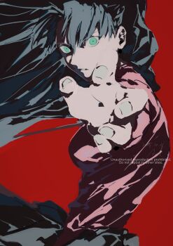 1girl aqua_eyes black_hair black_skirt breasts cowboy_shot dated fate/stay_night fate_(series) fingernails floating_hair hair_between_eyes hand_up highres long_hair long_sleeves looking_at_viewer medium_breasts nail_polish pleated_skirt plimastos red_background red_sweater signature simple_background skirt solo standing sweater teeth tohsaka_rin turtleneck turtleneck_sweater white_nails