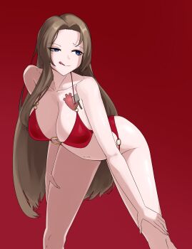 absurdres alternate_costume armpit_crease bare_arms bare_back bare_hips bare_legs bare_shoulders bikini blue_eyes breasts brown_hair commentary highres korean_commentary large_breasts leaning_forward limbus_company looking_to_the_side navel o-ring o-ring_bikini o-ring_top project_moon raised_eyebrow red_background red_bikini rodion_(project_moon) side-tie_bikini_bottom simple_background swimsuit tattoo thighs tongue tongue_out