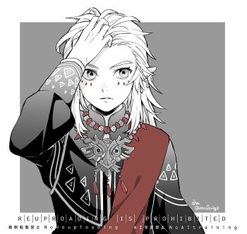 Rule 34 | 1boy, azulzrkgk, bead necklace, beads, black jacket, border, commentary request, earrings, ember set (zelda), grey background, hand in own hair, highres, jacket, jewelry, link, male focus, medium hair, necklace, nintendo, official alternate costume, parted lips, pointy ears, sidelocks, solo, teardrop facial mark, the legend of zelda, the legend of zelda: tears of the kingdom, twitter username, upper body, white border
