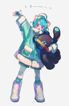 1girl :o ahoge animal_ear_fluff animal_ears aqua_hair arm_up blunt_bangs boots cat_ears cat_girl coat commentary_request fingerless_gloves full_body fur-trimmed_coat fur-trimmed_sleeves fur_trim gloves green_coat green_socks grey_shorts hair_intakes highres himajin_(nonemui_trpg) holding holding_stuffed_toy kneehighs long_sleeves looking_at_viewer open_mouth original pink_eyes short_hair shorts simple_background socks solo standing stuffed_animal stuffed_toy teddy_bear translation_request white_background white_boots white_gloves