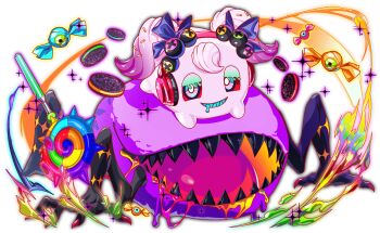 anime_coloring aqua_teeth artist_request black_teeth bow candy closed_mouth colored_sclera colored_teeth crash_fever creature drooling eyelashes food full_body game_cg hair_bow harmful_(crash_fever) headphones lollipop looking_at_viewer lowered_eyelids lying mouth_drool multicolored_eyes no_eyes no_humans number_print numbered official_art on_stomach open_mouth oreo outline pink_hair purple_bow red_outline red_sclera saturated sharp_teeth sparkle sprinkles square square_print tachi-e teeth third-party_source tongue transparent_background twintails wrapped_candy