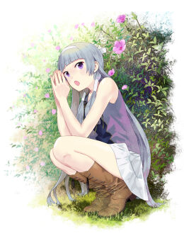 1girl blunt_bangs boots brown_boots bush flower grass grey_hair headband highres kannagi long_hair looking_to_the_side nagi_(kannagi) open_mouth own_hands_together pink_flower plant pleated_skirt purple_eyes purple_skirt sidelocks skirt squatting takenashi_eri twintails very_long_hair white_background white_headband white_skirt
