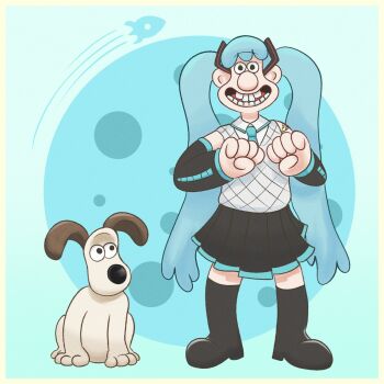 1boy aqua_hair aqua_necktie black_eyes black_footwear black_skirt black_sleeves blue_background boots commentary cosplay detached_sleeves dog english_commentary gromit hair_ornament hatsune_miku hatsune_miku_(cosplay) high_heel_boots high_heels highres knit_sweater long_hair looking_at_viewer moon_background necktie open_mouth pleated_skirt rocket skirt sleeveless sleeveless_sweater smile sweater thataveragejoe thigh_boots twintails very_long_hair vocaloid wallace_(wallace_&amp;_gromit) wallace_&amp;_gromit worldwide_miku