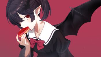 1girl absurdres bat_hair_ornament bat_wings black_dress black_hair black_wings bow bowtie breasts collarbone commentary_request donut dress ear_piercing eating fingernails food from_side hair_ornament hand_up highres hikarinohitori holding holding_donut holding_food light_blush long_sleeves looking_at_viewer looking_to_the_side open_mouth original parted_bangs piercing profile puffy_long_sleeves puffy_sleeves red_background red_bow red_bowtie red_eyes red_nails sailor_collar short_hair simple_background small_breasts solo twintails upper_body vampire white_sailor_collar wings